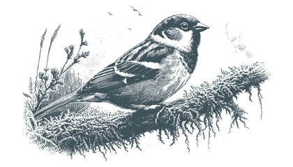 Hand-drawn Sparrow Illustration – Detailed Sketch of a Wild House Sparrow on a Branch
