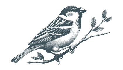 Hand-drawn Sparrow Illustration – Detailed Sketch of a Wild House Sparrow on a Branch