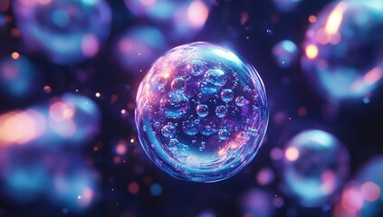 Sphere of Bubbles: Abstract Liquid Forms Shimmering with Vibrant Neon Lights, Glowing in Darkness