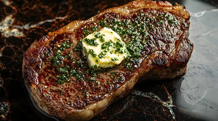 21. A thick-cut ribeye steak topped with herb butter on a deep, shadowy marbled surface