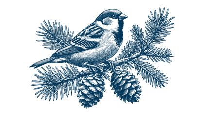 Hand-drawn Sparrow Illustration – Detailed Sketch of a Wild House Sparrow on a Branch