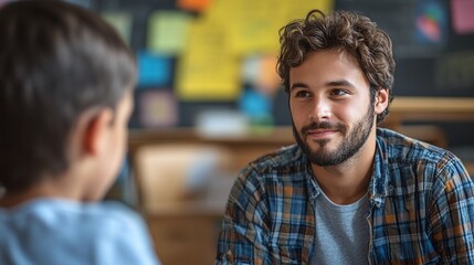 Fototapeta premium teacher comforting young student in school offering support encouragement and personal guidance for emotional and academic success