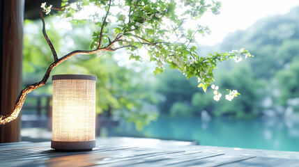 Serene Lakeside Lamp Illuminated table lamp beside blossoming tree branch, overlooking tranquil lake and lush green hills; perfect for relaxation, spa, or nature themed websites and publications