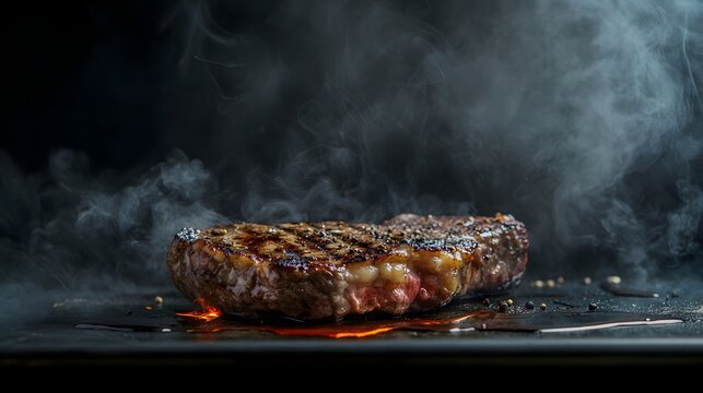 11. A flame-grilled steak with a smoky crust resting on a mysterious black and silver backdrop