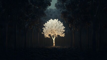 Glowing White Tree in a Dark Forest. Mysterious Nighttime Scene