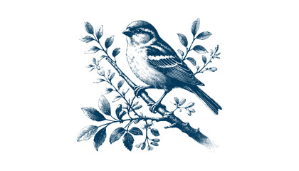 Hand-drawn Sparrow Illustration – Detailed Sketch of a Wild House Sparrow on a Branch