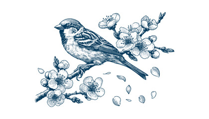 Hand-drawn Sparrow Illustration – Detailed Sketch of a Wild House Sparrow on a Branch