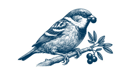 Hand-drawn Sparrow Illustration – Detailed Sketch of a Wild House Sparrow on a Branch