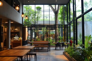 Fototapeta premium Trendy co-working space, sleek metal and wood desks, large glass walls, greenery creating a refreshing atmosphere, cinematic perspective
