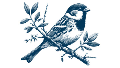Hand-drawn Sparrow Illustration – Detailed Sketch of a Wild House Sparrow on a Branch