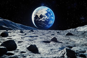 Earth viewed from moon, desolate lunar landscape