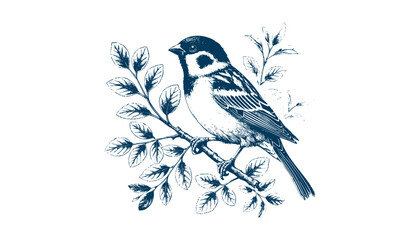 Hand-drawn Sparrow Illustration – Detailed Sketch of a Wild House Sparrow on a Branch