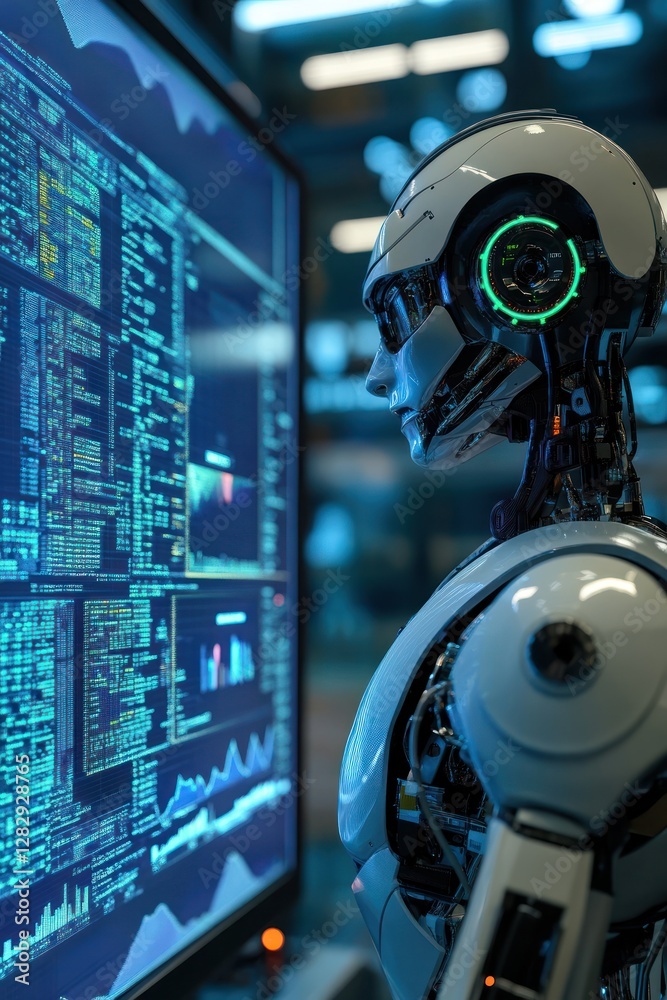Poster futuristic robot analyzing data in high-tech lab