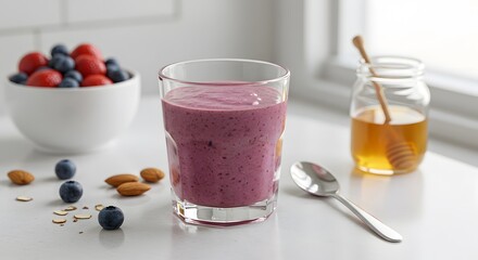 Refreshing Berry Smoothie with Honey and Fresh Fruit Still Life