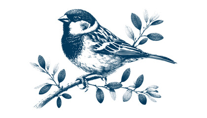 Hand-drawn Sparrow Illustration – Detailed Sketch of a Wild House Sparrow on a Branch