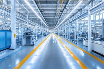 Modern factory interior, clean lines, automated production, bright lighting