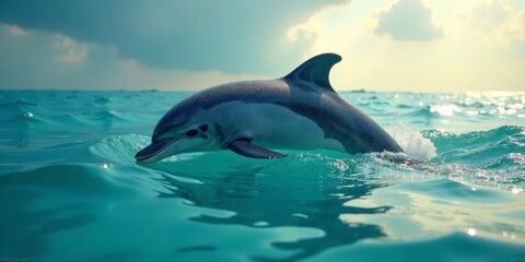 Fototapeta premium A graceful dolphin playfully leaps through the turquoise ocean waters under a partly sunny sky, its sleek body glistening with water droplets.