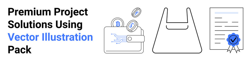 Wallet emitting digital coins, a plastic bag outline, and a document with a certification stamp. Ideal for e-commerce, digital payments, blockchain, certification, contracts, shopping flat landing