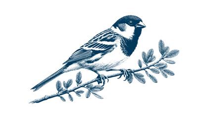 Hand-drawn Sparrow Illustration – Detailed Sketch of a Wild House Sparrow on a Branch