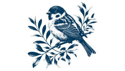 Hand-drawn Sparrow Illustration – Detailed Sketch of a Wild House Sparrow on a Branch