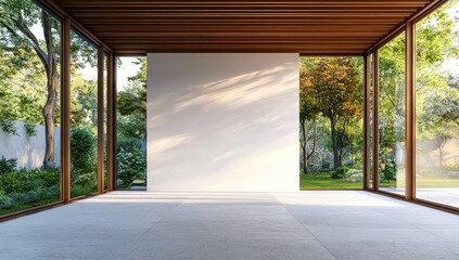 Obraz premium Modern zen room with wooden structure, garden view, and blank wall