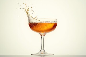 Amber liquid splashes into a coupe glass