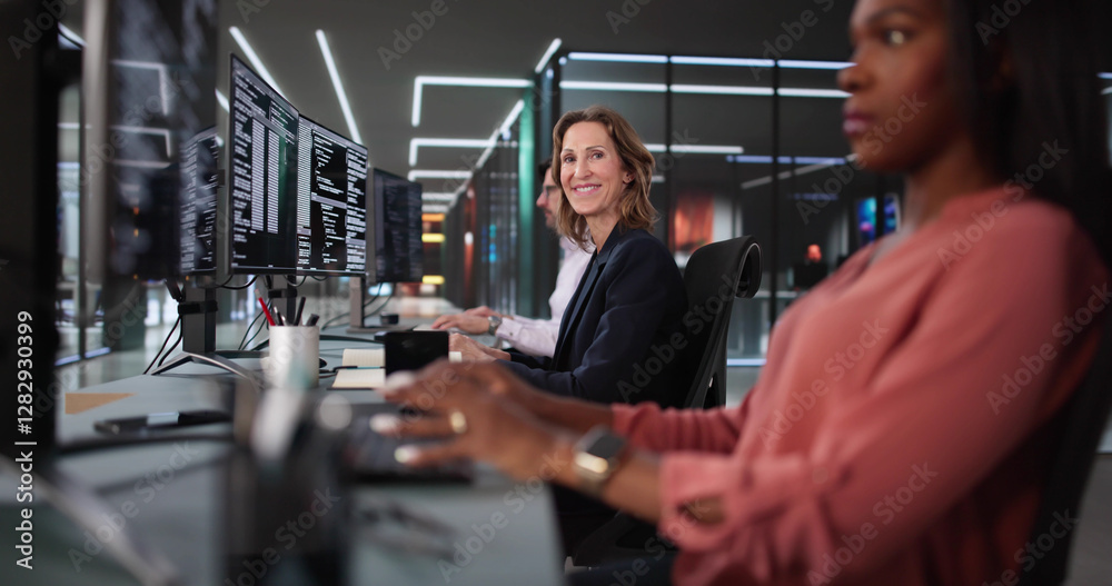 Poster African American coder happily coding on desktop