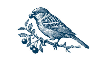 Hand-drawn Sparrow Illustration – Detailed Sketch of a Wild House Sparrow on a Branch