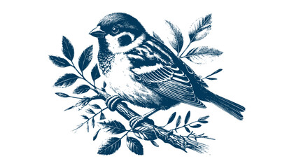 Hand-drawn Sparrow Illustration – Detailed Sketch of a Wild House Sparrow on a Branch