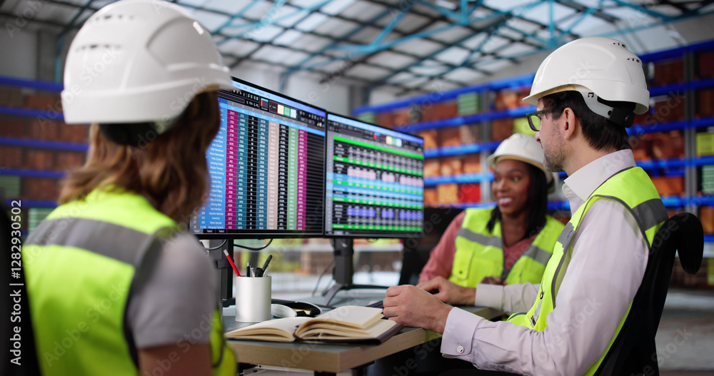 Fototapete Managers Monitor Inventory Levels on Desktop Computers
