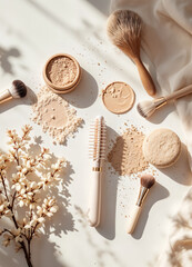 Flat lay composition with makeup brushes, powder and flowers on white background. Neutral Beauty Flatlay