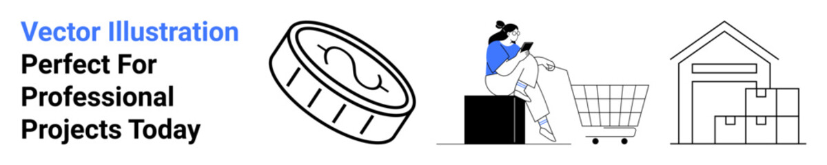 Coin stack, woman using smartphone, cart, and warehouse visualizing online shopping, logistics, and transactions. Ideal for e-commerce, logistics, retail finance trade delivery flat landing page