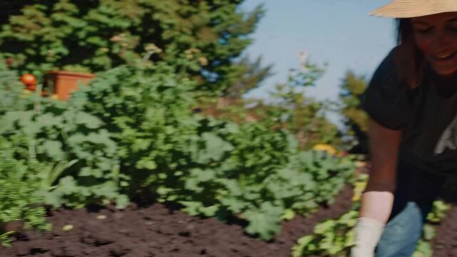 Cultivating Happiness: A sun-kissed woman, immersed in her gardening pursuits, revels in the simple joys of nurturing life, surrounded by verdant plants and fertile earth.