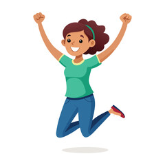 Happy girl jumping up in air. Excited joyful teenager celebrating, flying in air in dynamic energetic emotional pose with fists, arms gesture. Flat vector illustration isolated on white background