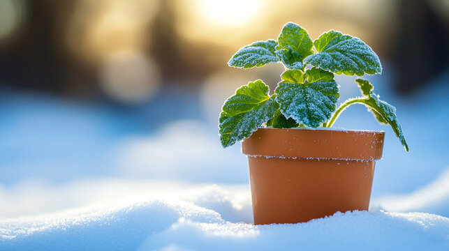 A potted plant standing in the snow, symbolizing resilience and growth in harsh winter conditions. The contrast between the green plant and the icy surroundings highlights nature's beauty and enduranc