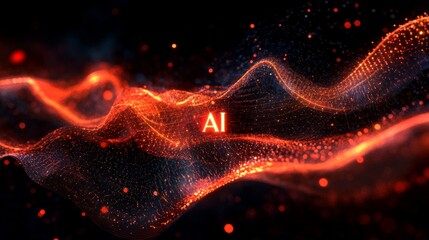 Abstract waveforms with glowing effects, "AI" text in the center