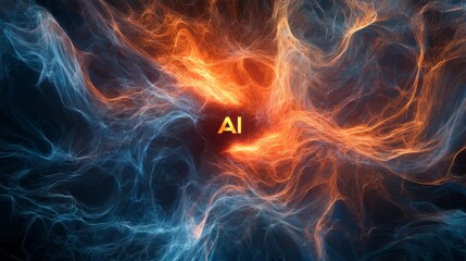 Abstract waveforms with glowing effects, "AI" text in the center