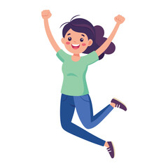 Happy girl jumping up in air. Excited joyful teenager celebrating, flying in air in dynamic energetic emotional pose with fists, arms gesture. Flat vector illustration isolated on white background