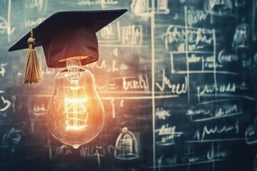 Unique knowledge representation, single glowing bulb with a graduation cap, blackboard with math formulas in the background, cinematic lighting"