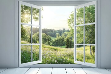 Open window, lush landscape view, bright morning light, interior room