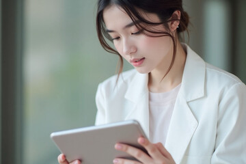young woman in white jacket focused on tablet low bun