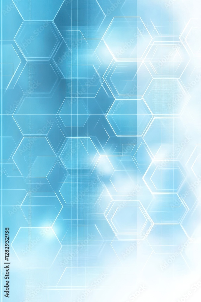 Poster abstract blue background with hexagonal patterns, creating a modern digital feel, suitable for techn