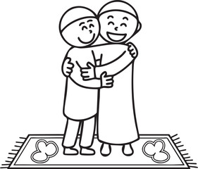 two stick man outline hugging after Eid prayers,vector illustration,white BG