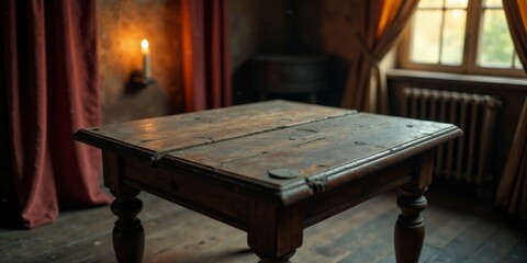 A weathered wooden table sits in a dimly lit room, beside a window with drawn curtains and a lit candle on the wall, creating a mysterious and antique atmosphere.
