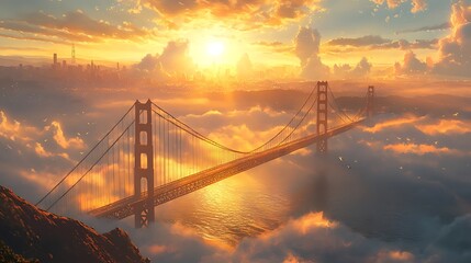 Fototapeta premium A tranquil anime depiction of the Golden Gate Bridge, wrapped in morning fog with golden sunlight streaming through, detailed bridge textures and a calm bay reflecting the muted light. --ar 16:9