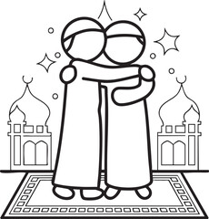 two stick man ouline hugging after Eid prayers,vector illustration
