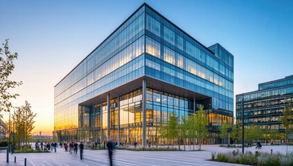 Modern office building complex at sunset, people walking, city landscape