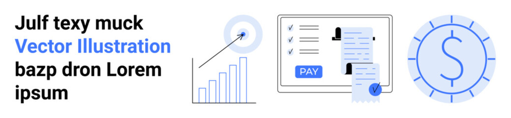 Bar chart with a target, financial document with payment button, and dollar currency surrounded by a clock. Ideal for business, finance, analytics, accounting, investment, time management economic