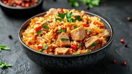 Flavor-packed pork leg rice, showcasing juicy meat and vibrant garnishes 