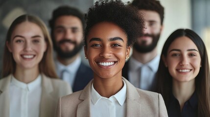 young professionals in business attire diverse startup team smiling together against office wall showing collaboration inclusion and corporate success